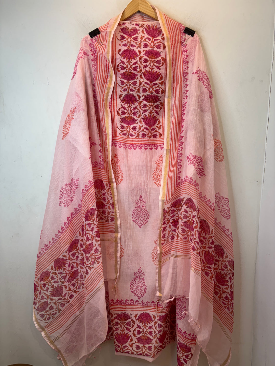 Pink Mul Chanderi Hand Block Printed Suit Set