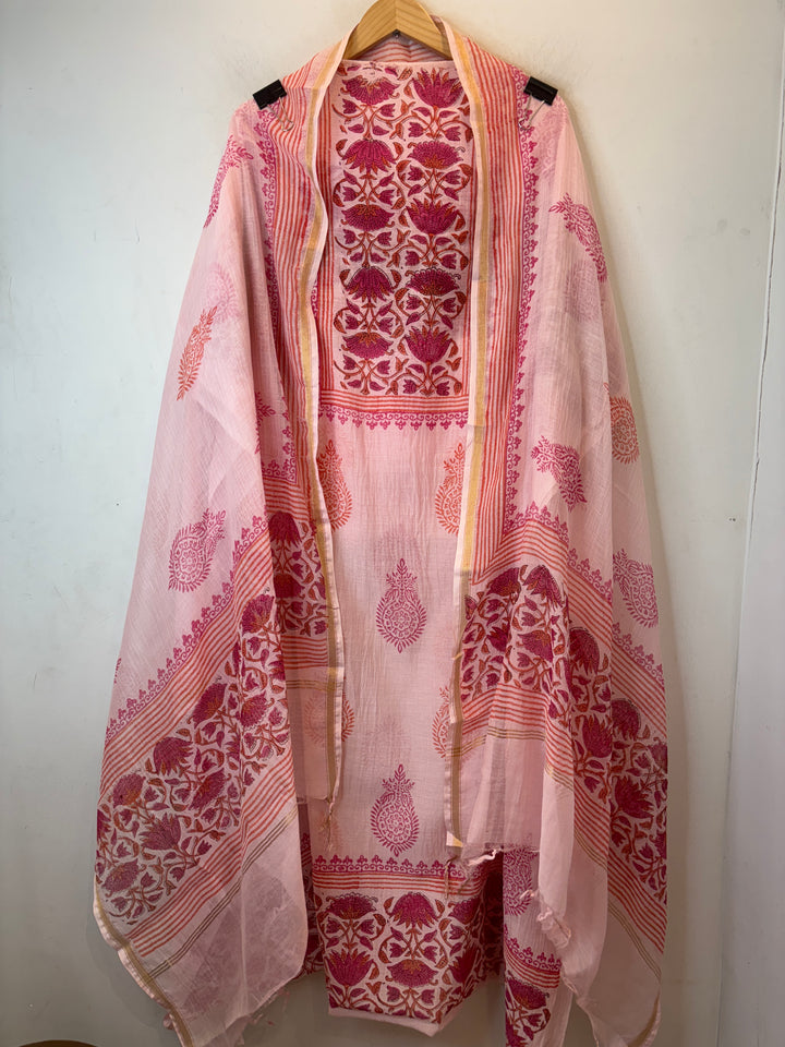 Pink Mul Chanderi Hand Block Printed Suit Set