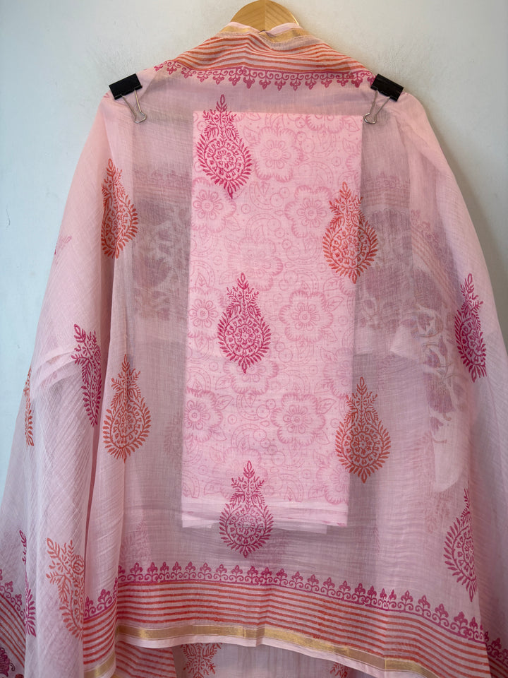 Pink Mul Chanderi Hand Block Printed Suit Set