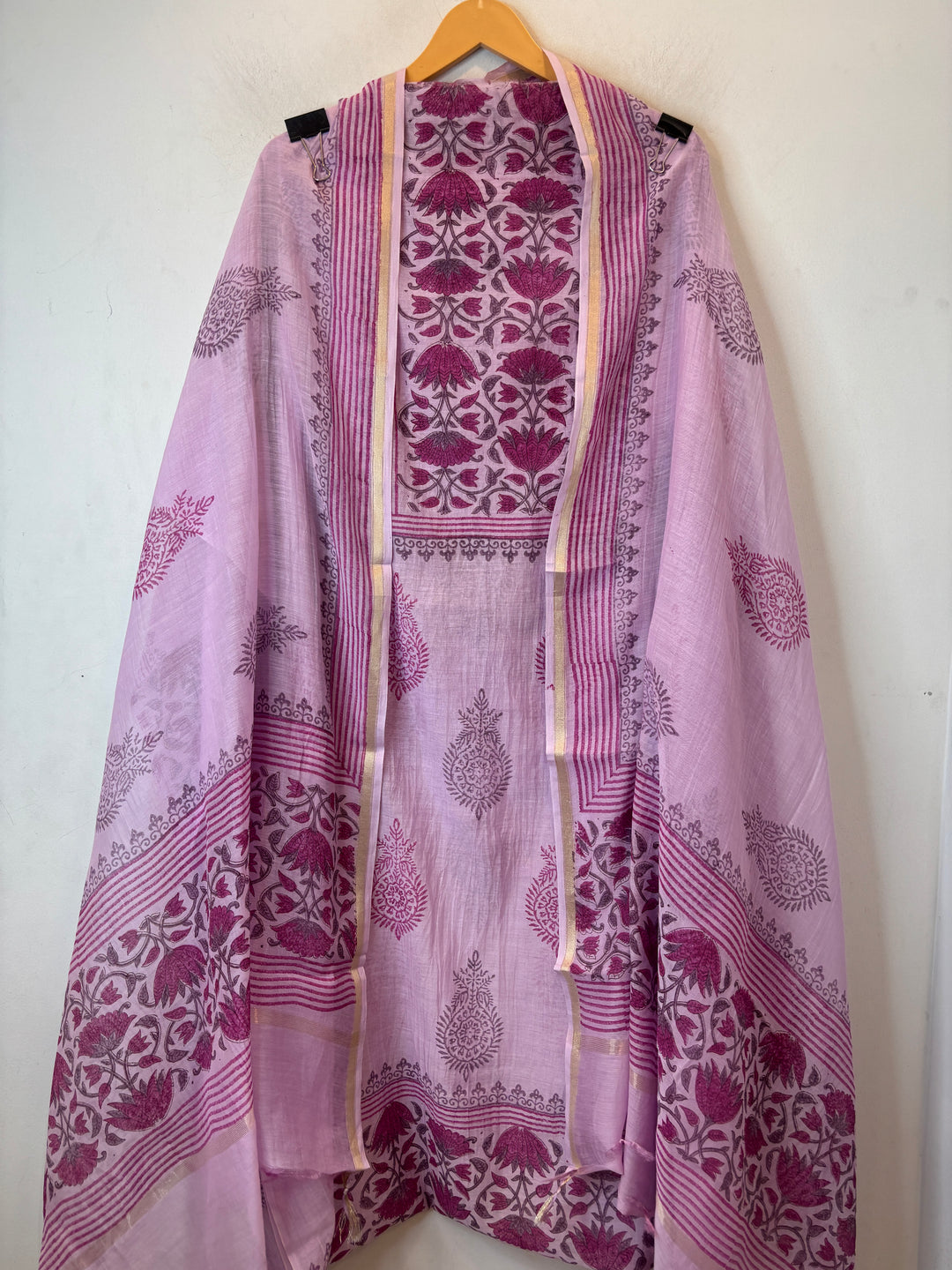 Purple Mul Chanderi Hand Block Printed Suit Set