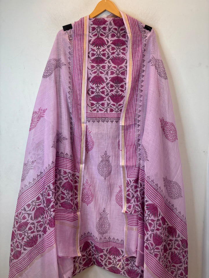 Purple Mul Chanderi Hand Block Printed Suit Set