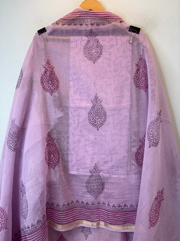 Purple Mul Chanderi Hand Block Printed Suit Set