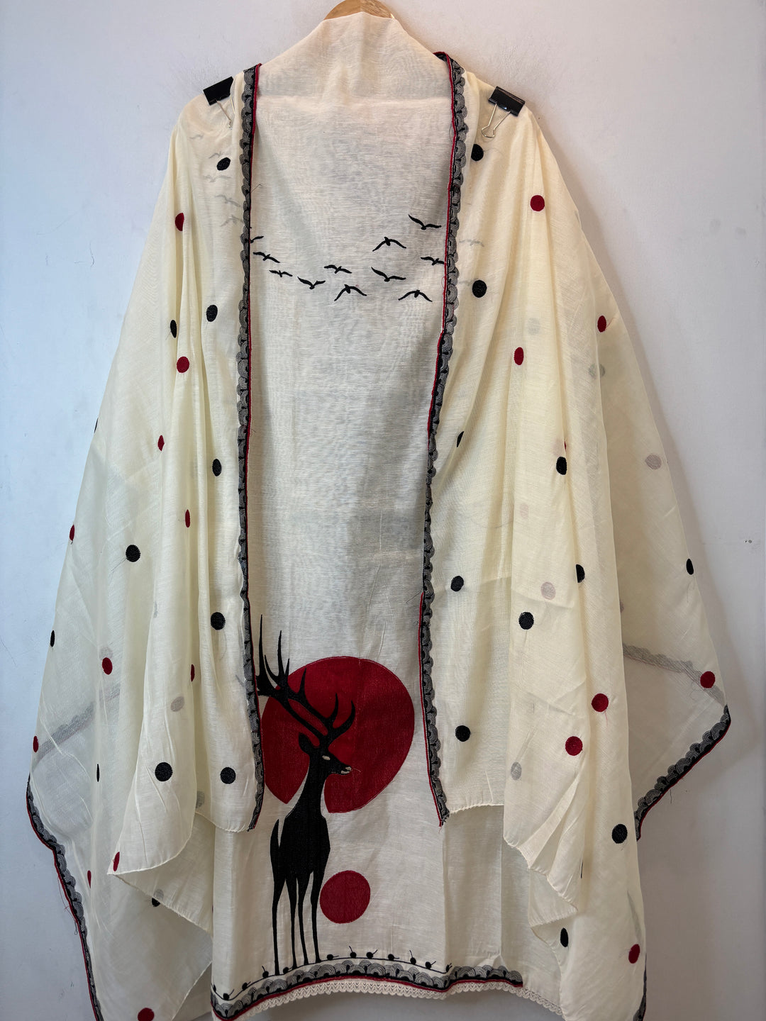 Beige Linen Unstitched Suit Set with Bird &amp; Bear Embroidery