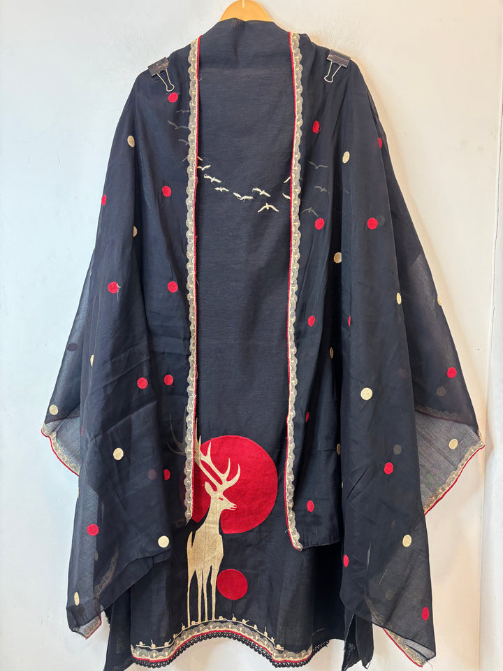 Black Linen Unstitched Suit Set with Bird &amp; Bear Embroidery
