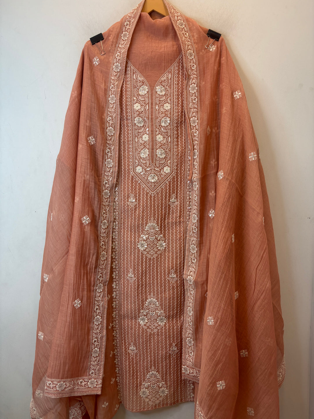 Peach Mul Cotton Unstitched Suit Set with Sequin &amp; Zari Embroidery