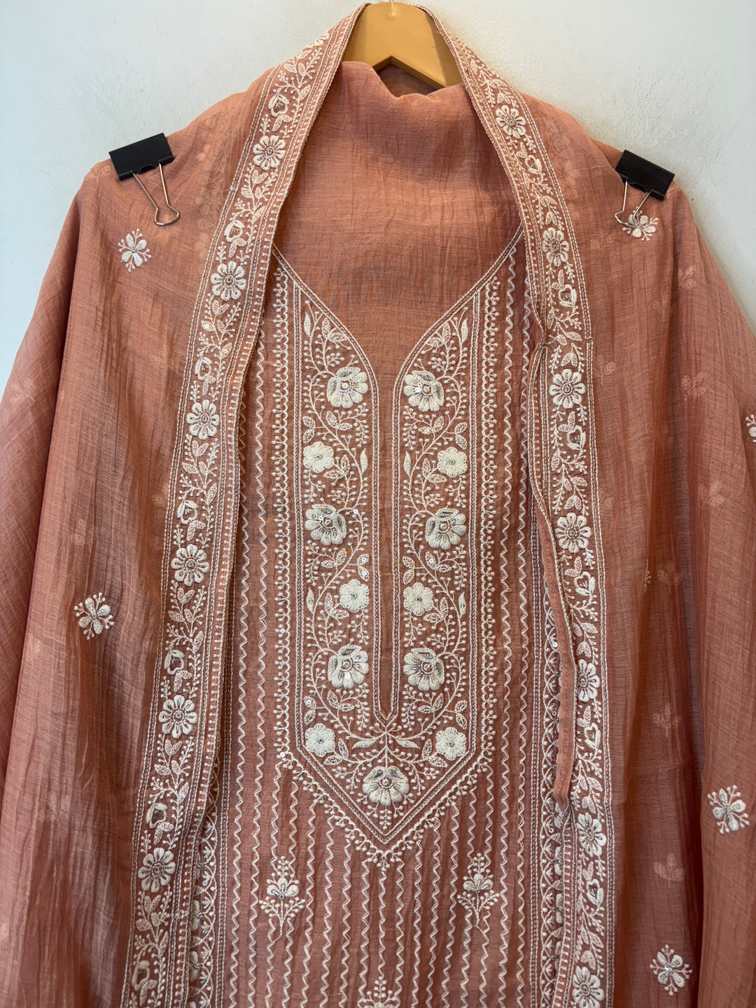 Peach Mul Cotton Unstitched Suit Set with Sequin &amp; Zari Embroidery