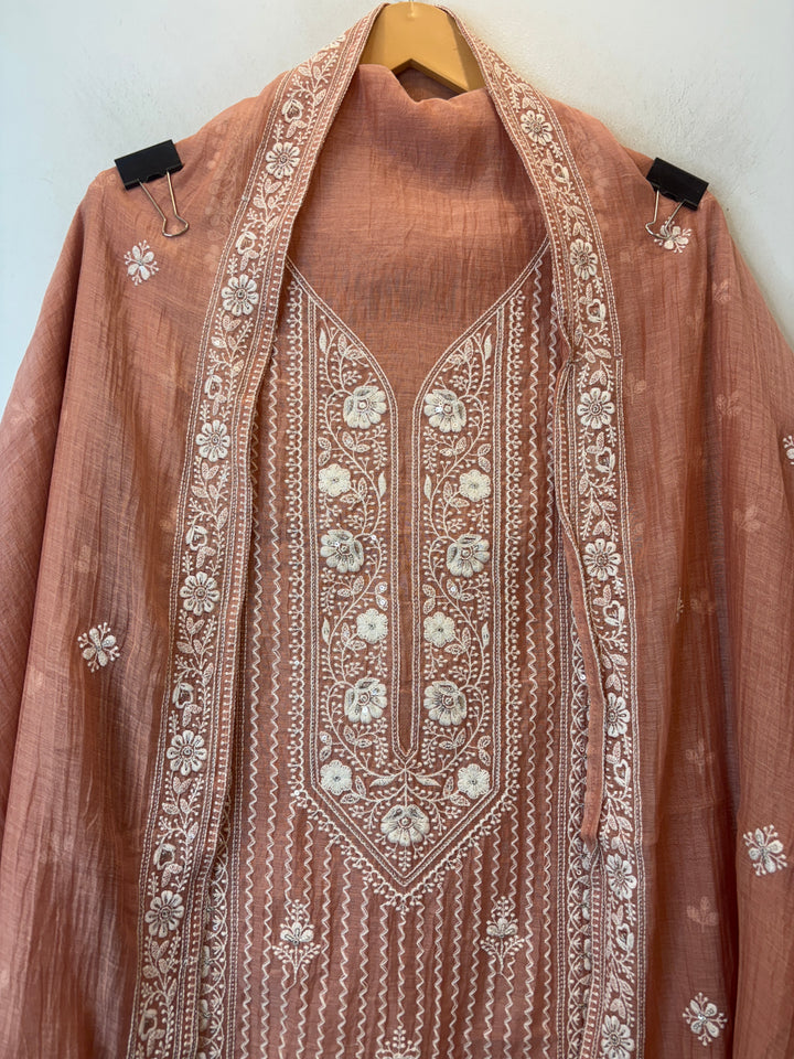 Peach Mul Cotton Unstitched Suit Set with Sequin &amp; Zari Embroidery