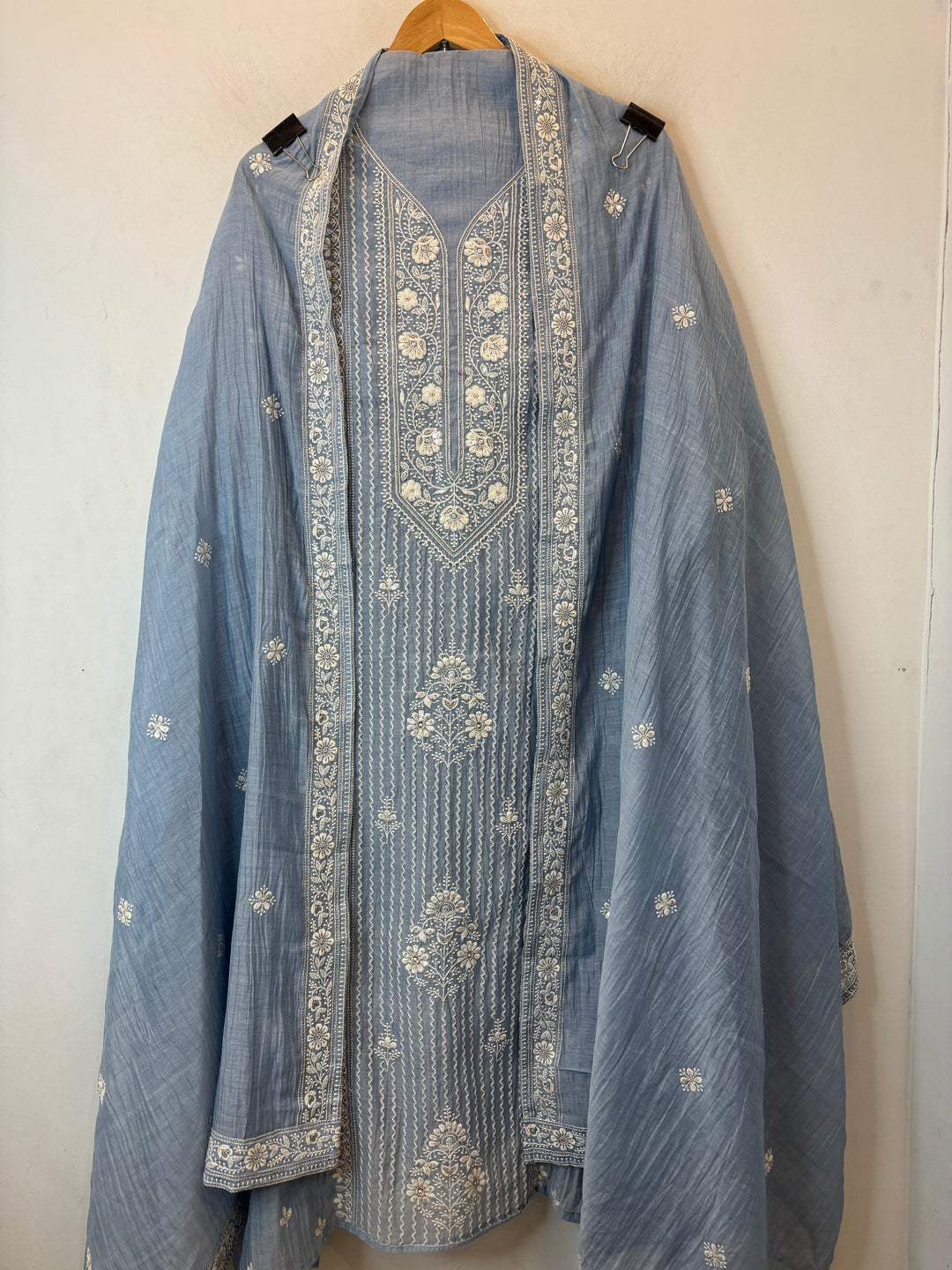 Blue Mul Cotton Unstitched Suit Set with Sequin &amp; Zari Embroidery