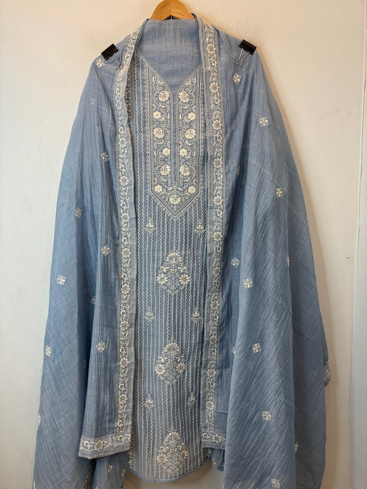 Blue Mul Cotton Unstitched Suit Set with Sequin &amp; Zari Embroidery