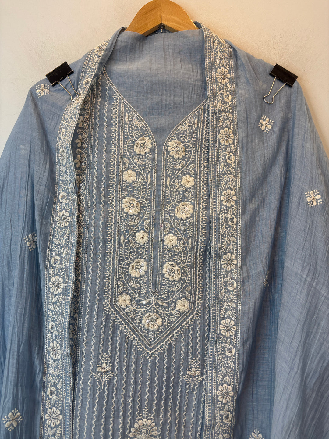 Blue Mul Cotton Unstitched Suit Set with Sequin &amp; Zari Embroidery