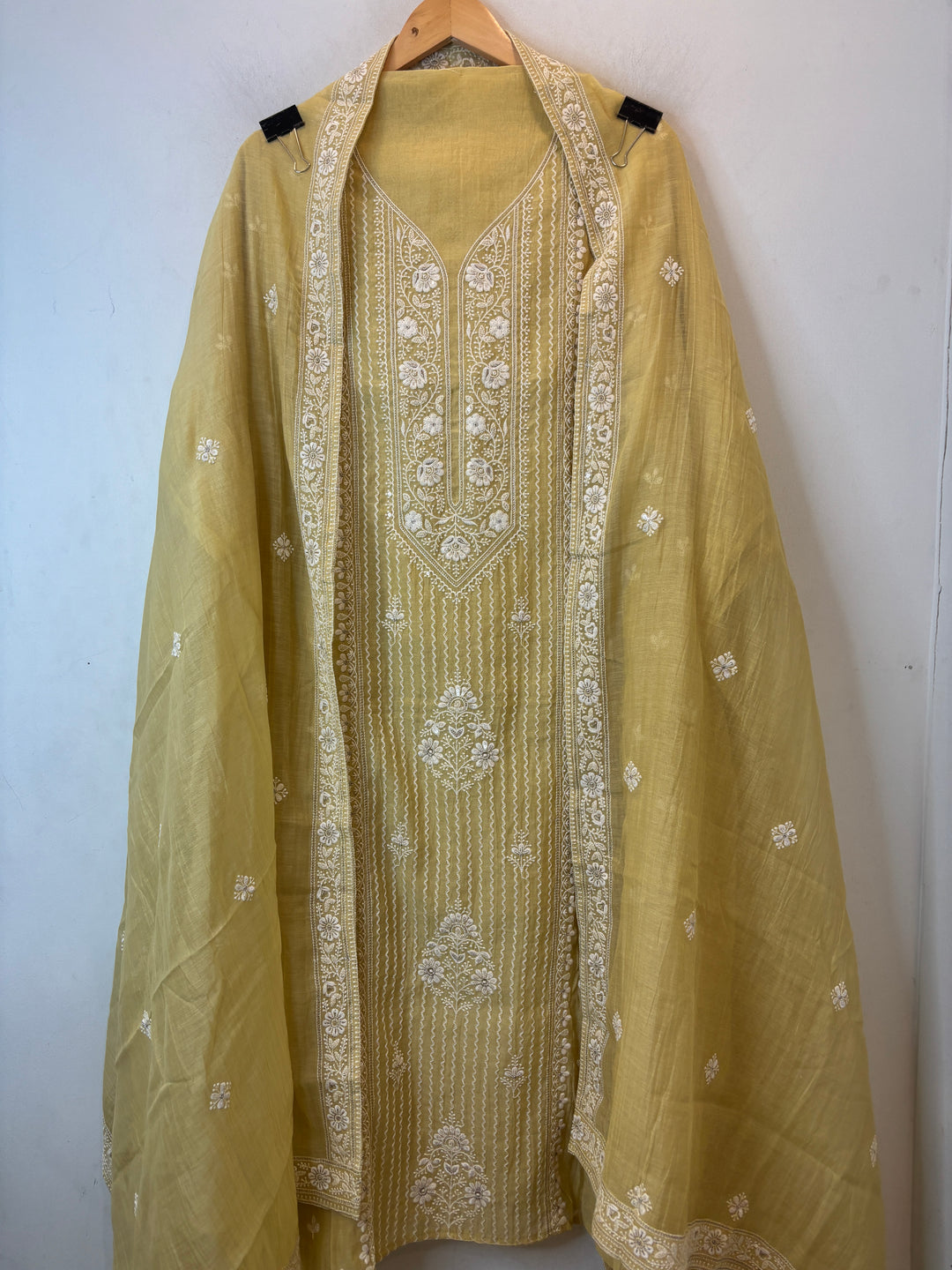 Yellow Mul Cotton Unstitched Suit Set with Sequin &amp; Zari Embroidery