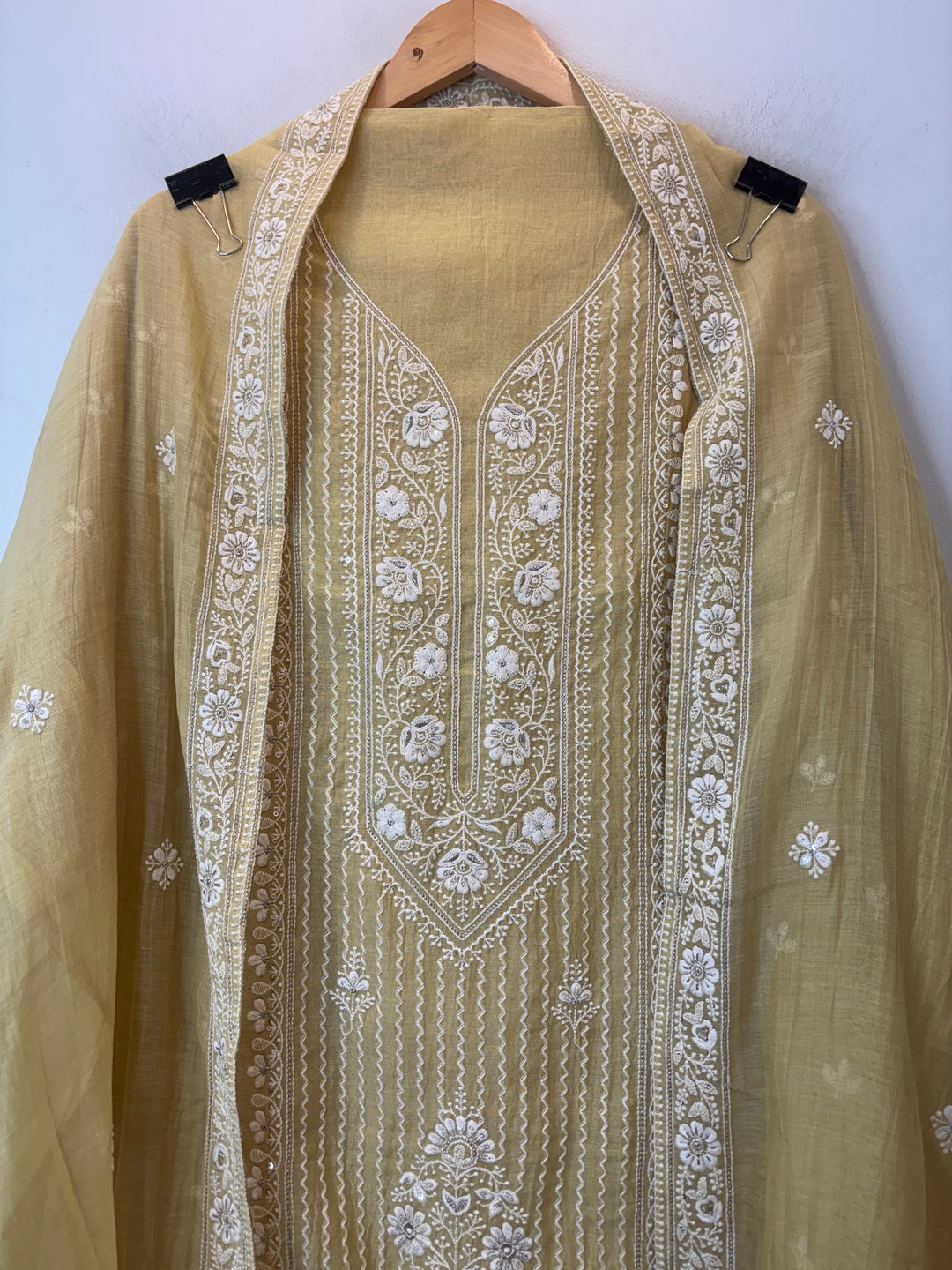 Yellow Mul Cotton Unstitched Suit Set with Sequin &amp; Zari Embroidery