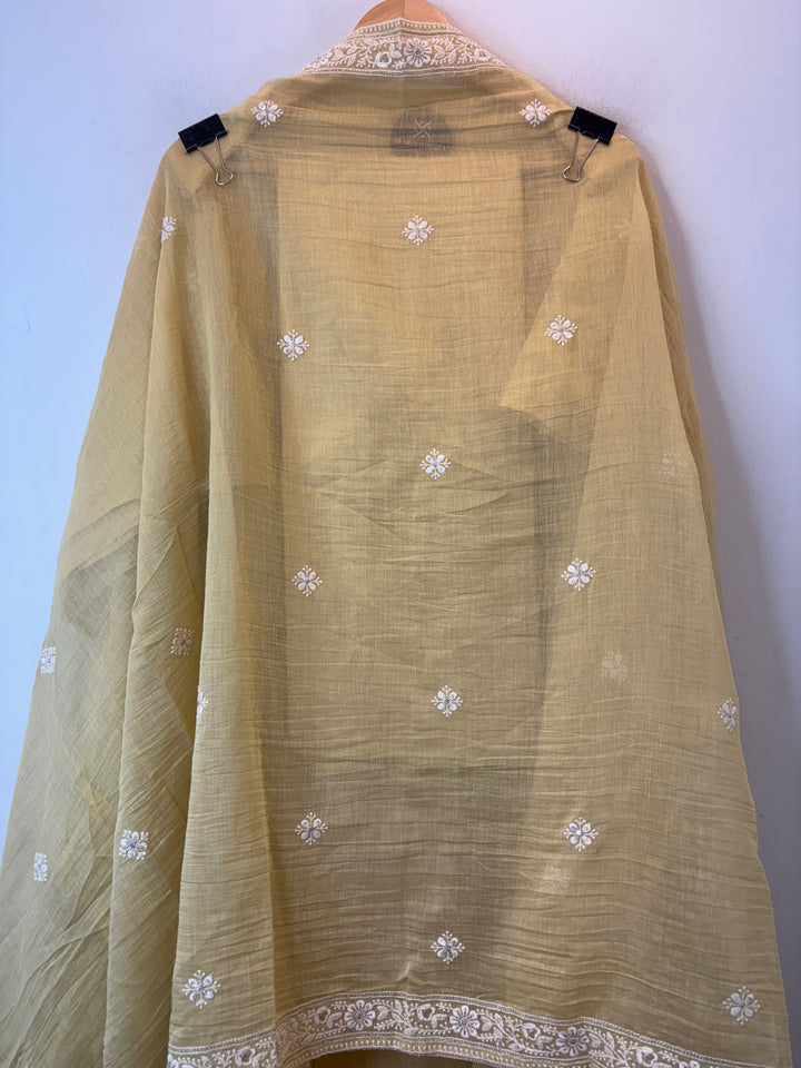 Yellow Mul Cotton Unstitched Suit Set with Sequin &amp; Zari Embroidery