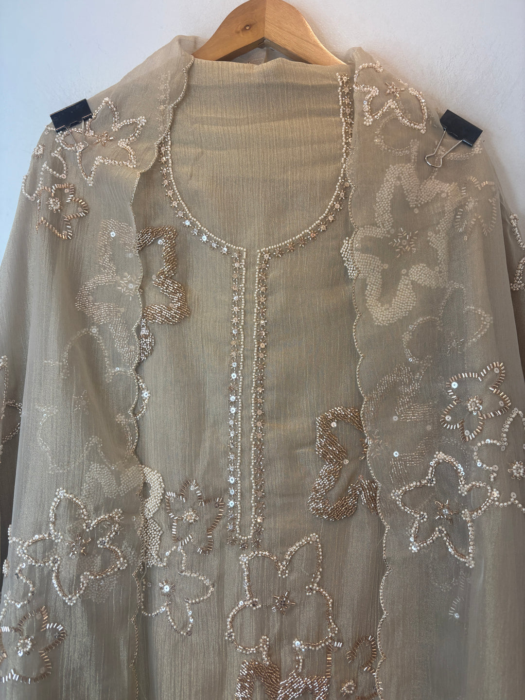 Golden Crush Tissue Unstitched Suit Set with Nalki &amp; Cutdana Work