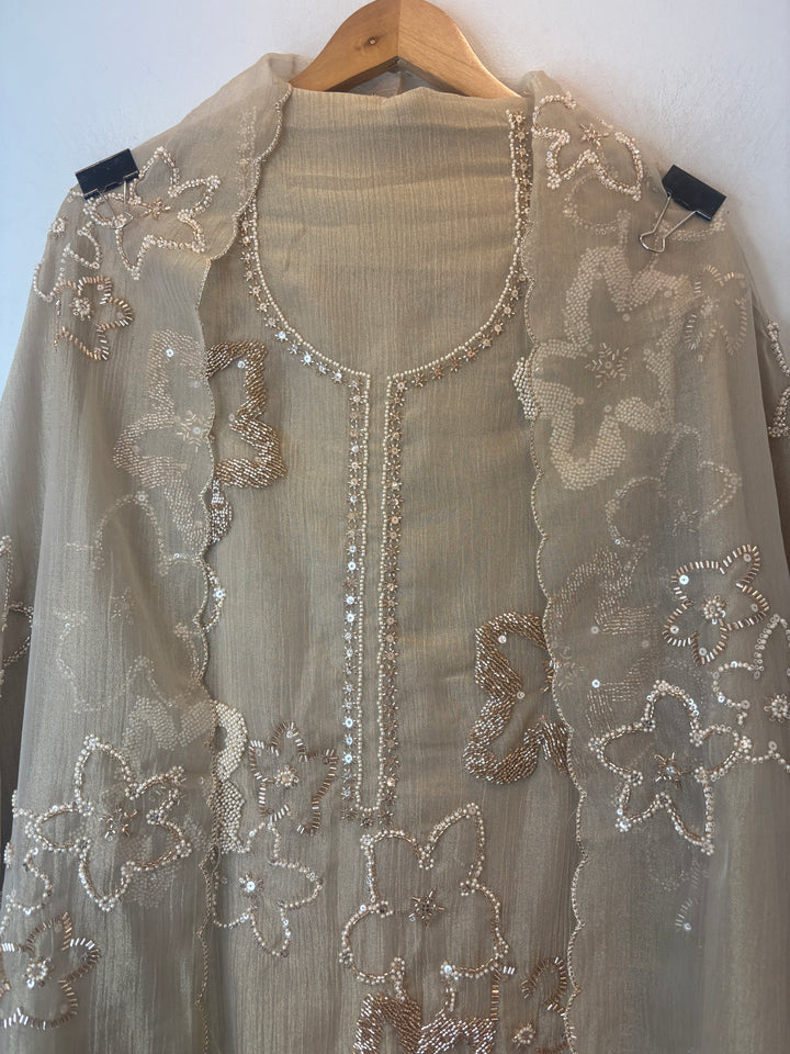 Golden Crush Tissue Unstitched Suit Set with Nalki &amp; Cutdana Work