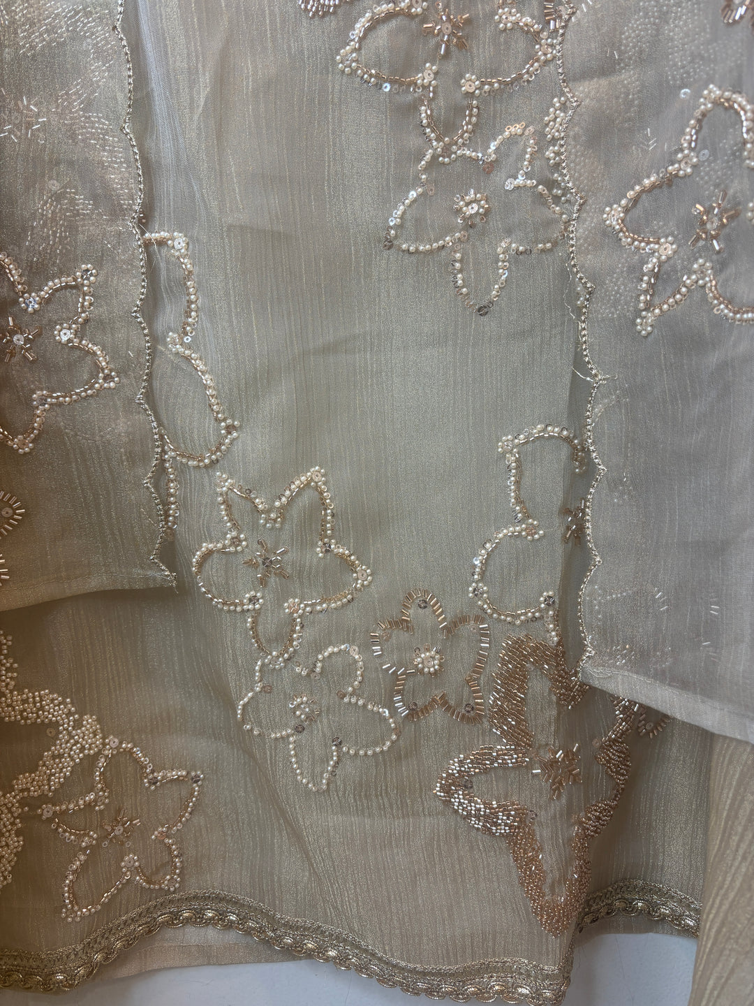 Golden Crush Tissue Unstitched Suit Set with Nalki &amp; Cutdana Work