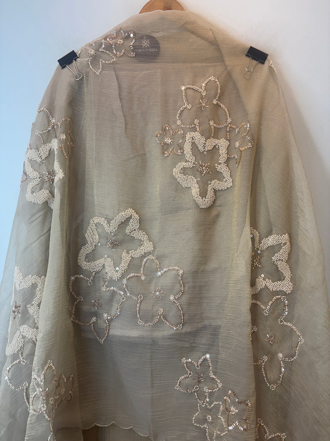 Golden Crush Tissue Unstitched Suit Set with Nalki &amp; Cutdana Work