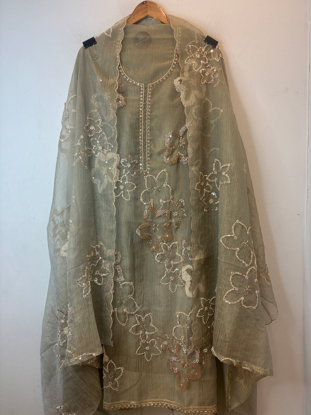 Sage green Crush Tissue Unstitched Suit Set with Nalki &amp; Cutdana Work