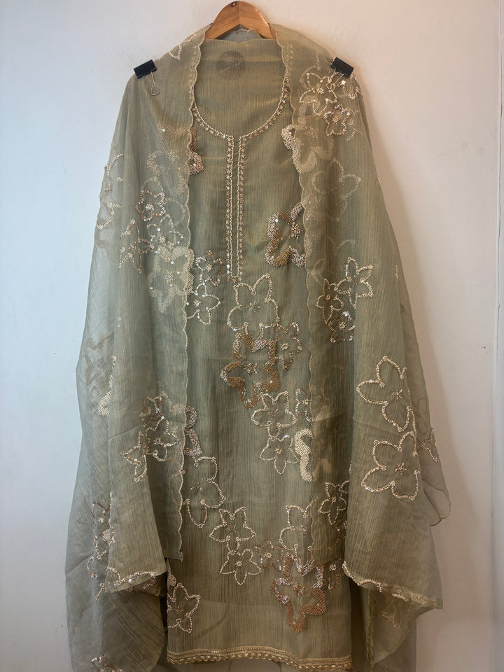 Sage green Crush Tissue Unstitched Suit Set with Nalki &amp; Cutdana Work