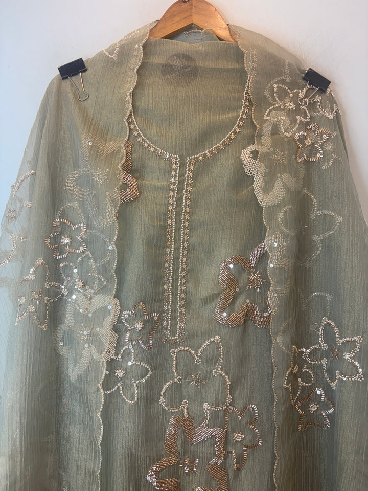 Sage green Crush Tissue Unstitched Suit Set with Nalki &amp; Cutdana Work