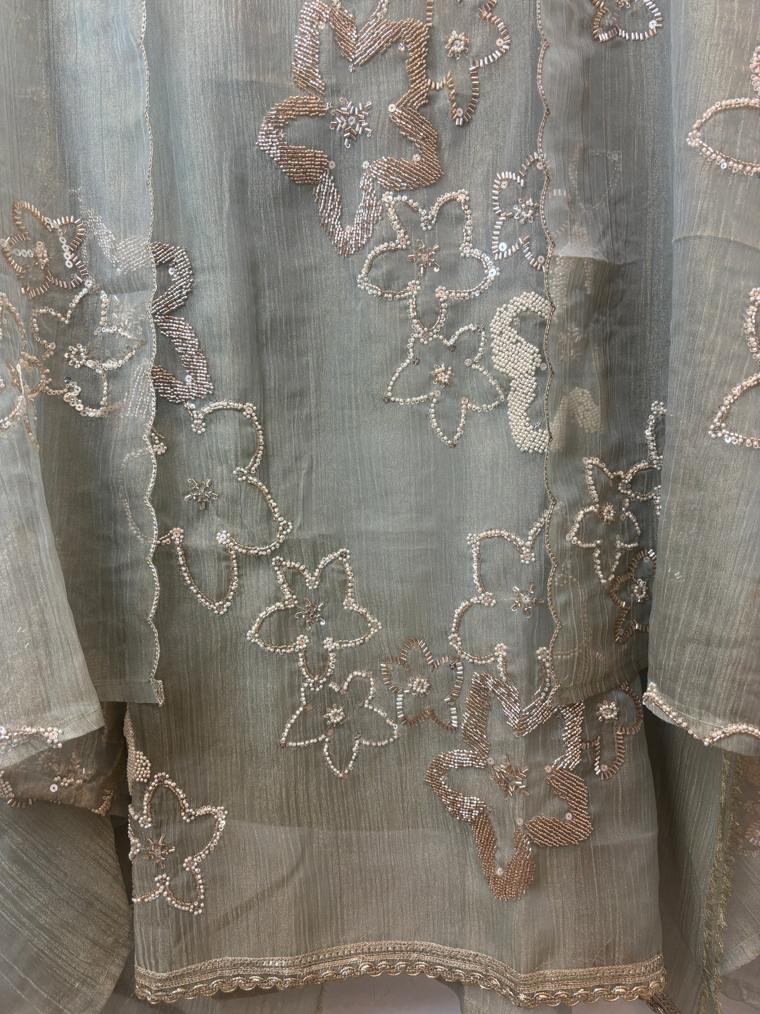 Sage green Crush Tissue Unstitched Suit Set with Nalki &amp; Cutdana Work