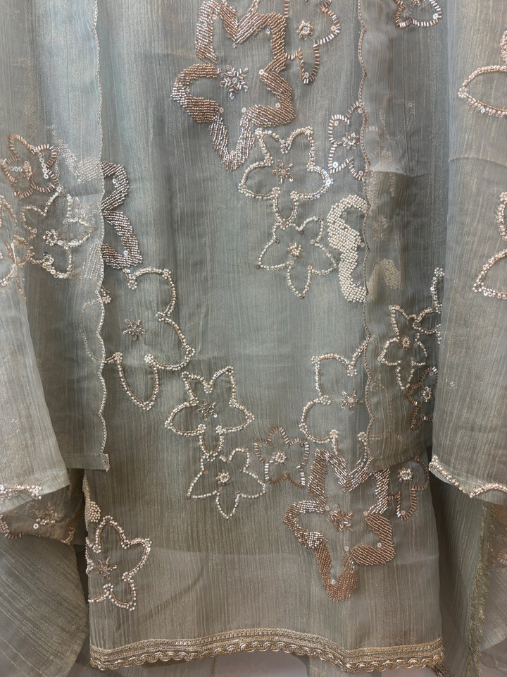 Sage green Crush Tissue Unstitched Suit Set with Nalki &amp; Cutdana Work