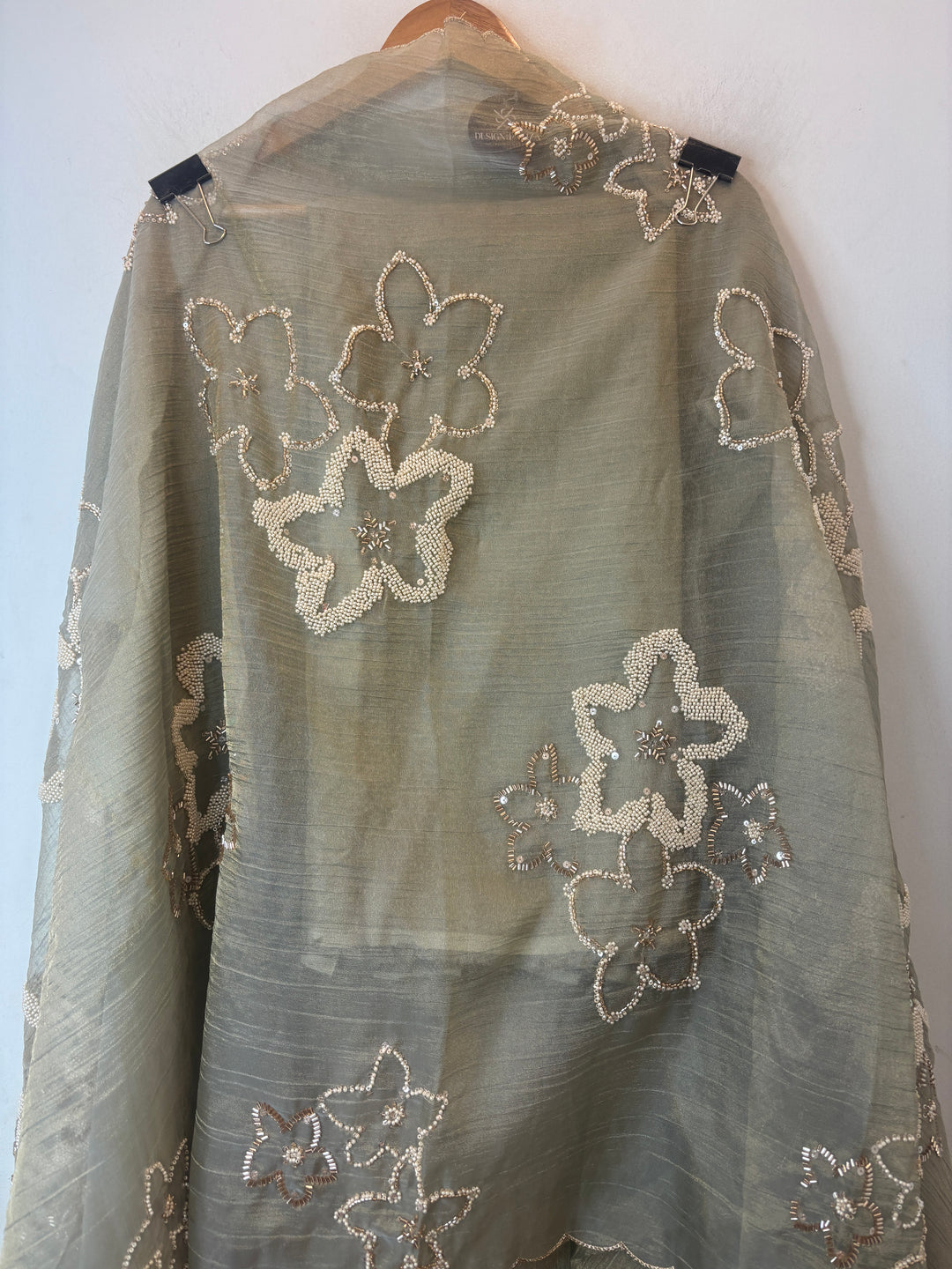Sage green Crush Tissue Unstitched Suit Set with Nalki &amp; Cutdana Work