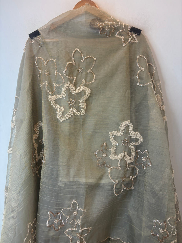 Sage green Crush Tissue Unstitched Suit Set with Nalki &amp; Cutdana Work