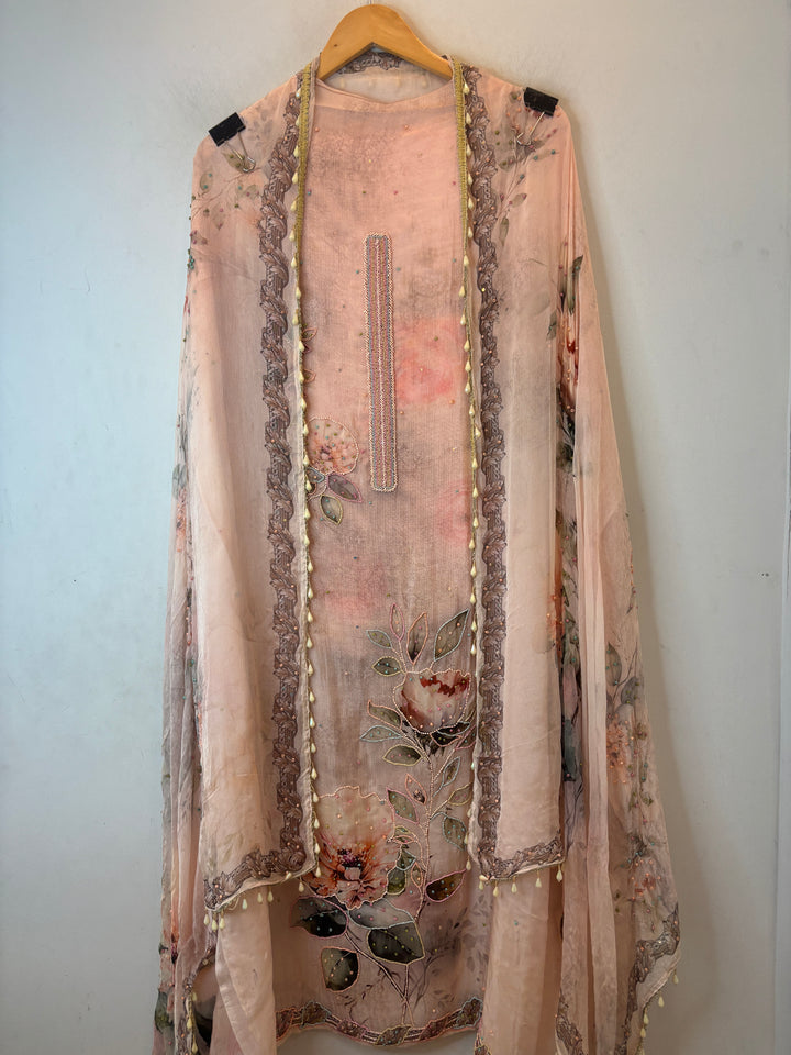 Peach Organza Unstitched Suit Set with Floral Beadwork &amp; Chinon Dupatta