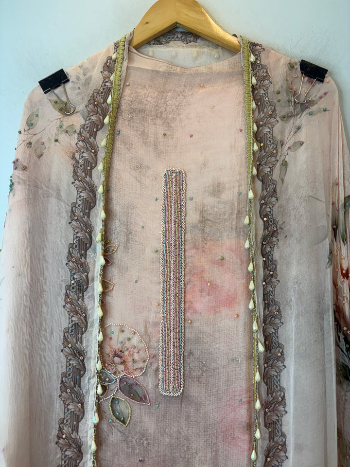 Peach Organza Unstitched Suit Set with Floral Beadwork &amp; Chinon Dupatta