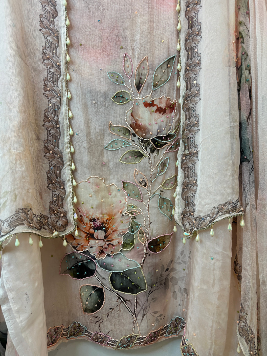 Cremish Organza Unstitched Suit Set with Floral Beadwork &amp; Chinon Dupatta