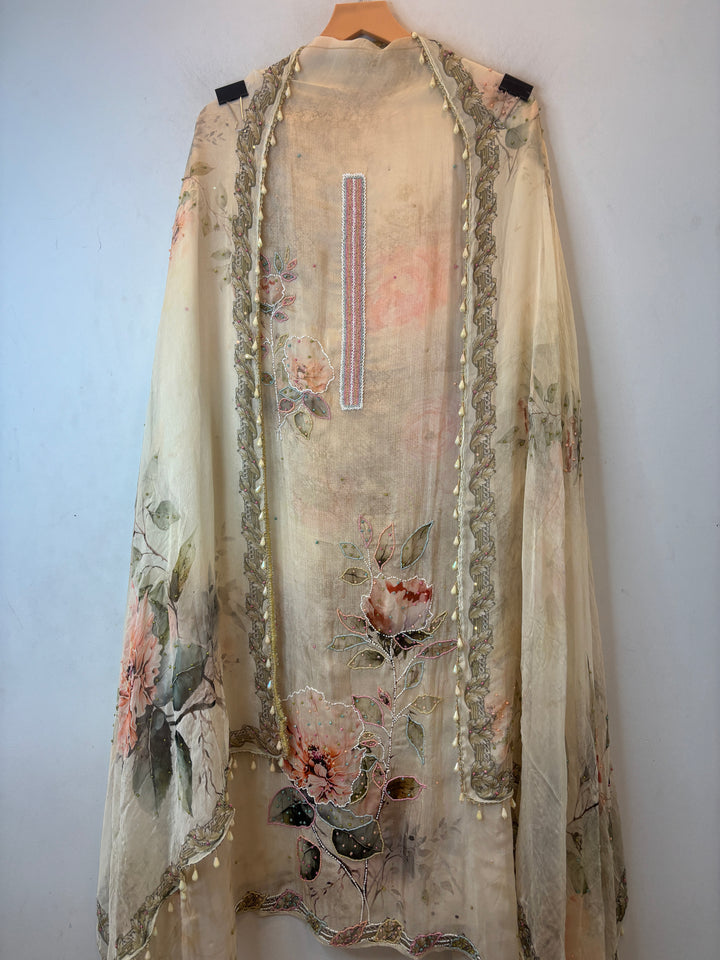 Cremish Organza Unstitched Suit Set with Floral Beadwork &amp; Chinon Dupatta