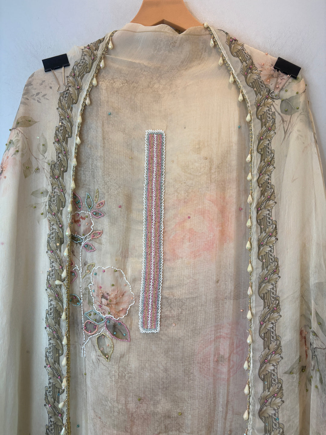 Peach Organza Unstitched Suit Set with Floral Beadwork &amp; Chinon Dupatta