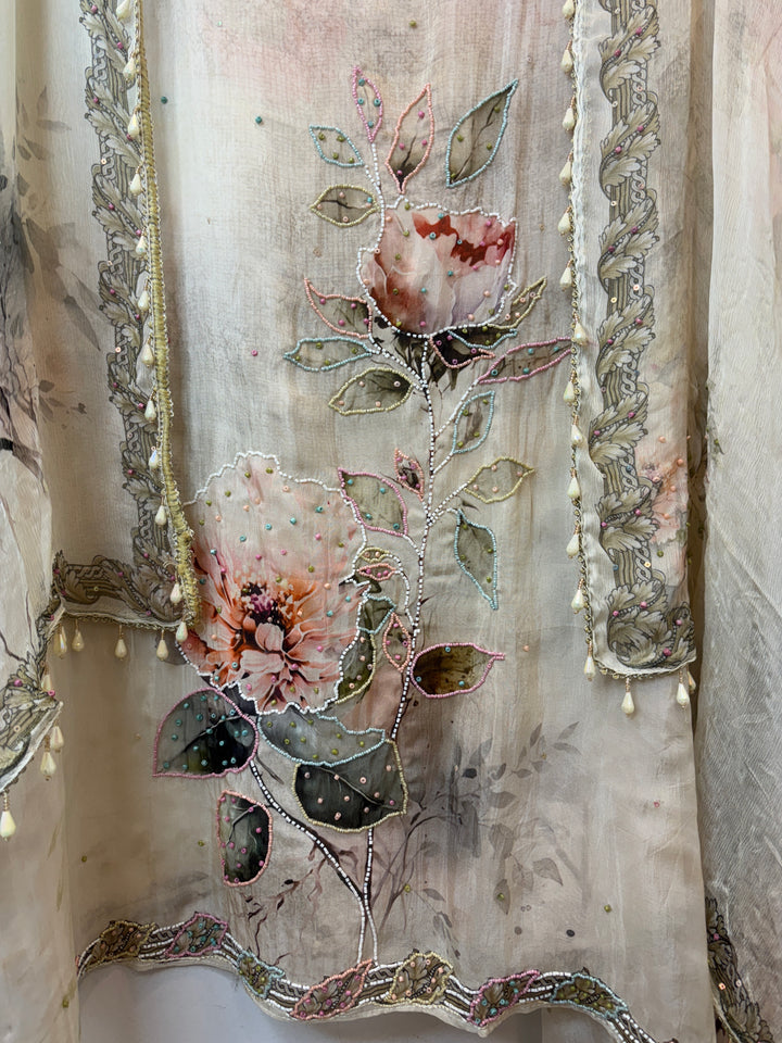 Peach Organza Unstitched Suit Set with Floral Beadwork &amp; Chinon Dupatta