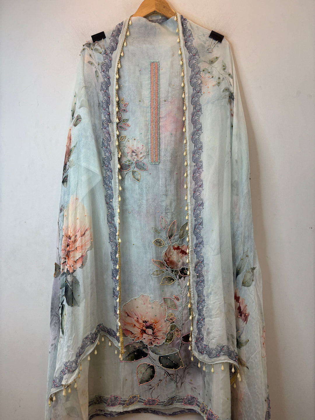 Blue Organza Unstitched Suit Set with Floral Beadwork &amp; Chinon Dupatta