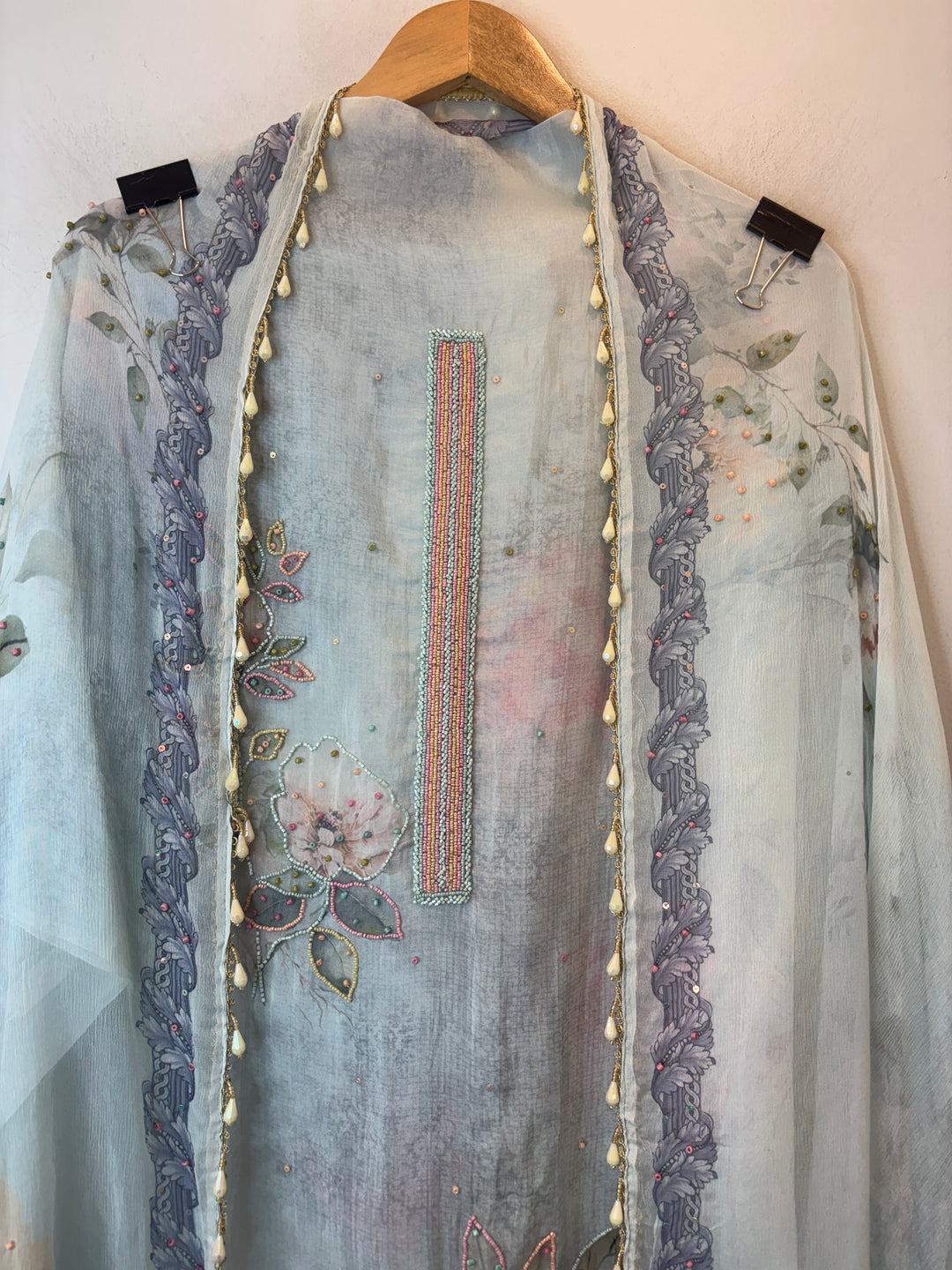 Blue Organza Unstitched Suit Set with Floral Beadwork &amp; Chinon Dupatta