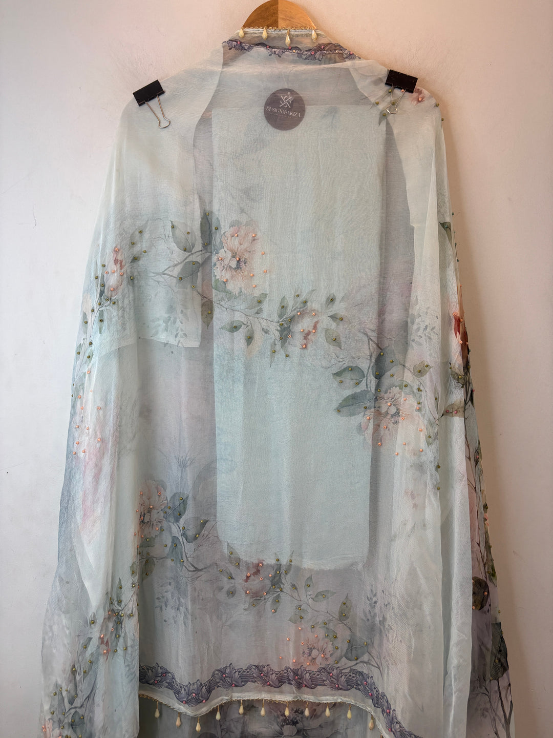 Blue Organza Unstitched Suit Set with Floral Beadwork &amp; Chinon Dupatta