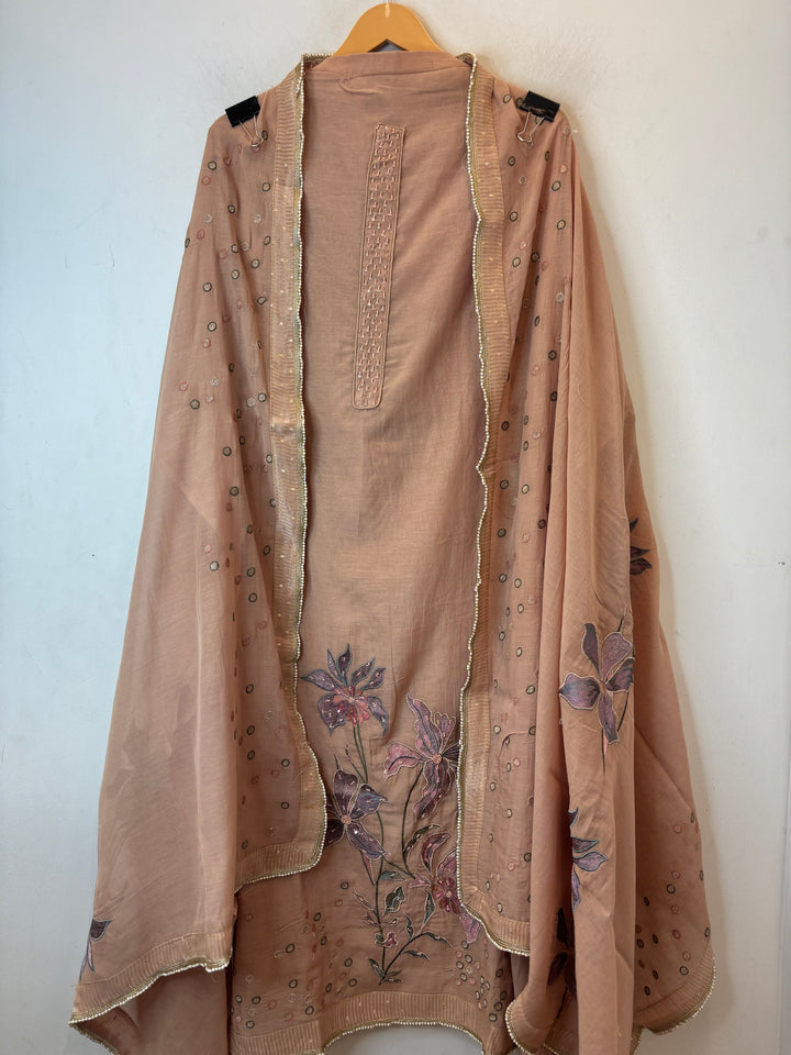 Dusty Peach Mul Cotton Unstitched Suit Set with Beads, Zari &amp; Sequin Work