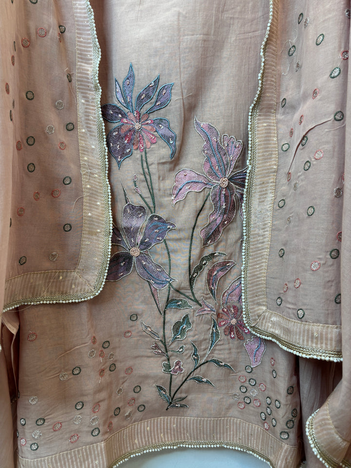 Dusty Peach Mul Cotton Unstitched Suit Set with Beads, Zari &amp; Sequin Work