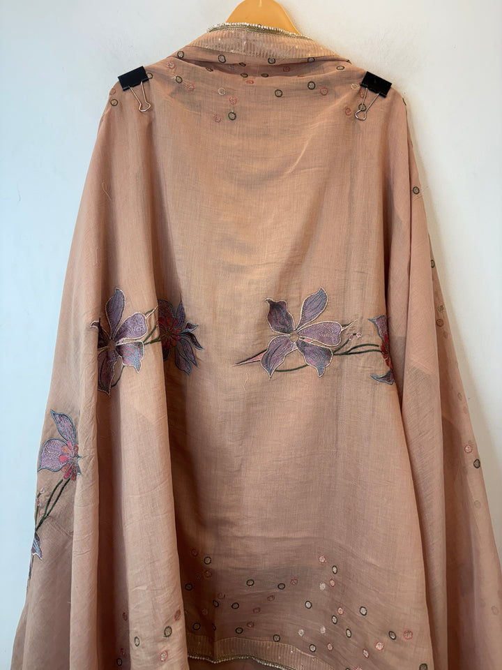 Dusty Peach Mul Cotton Unstitched Suit Set with Beads, Zari &amp; Sequin Work