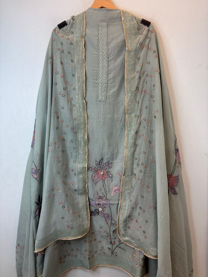 Grey Mul Cotton Unstitched Suit Set with Beads, Zari &amp; Sequin Work