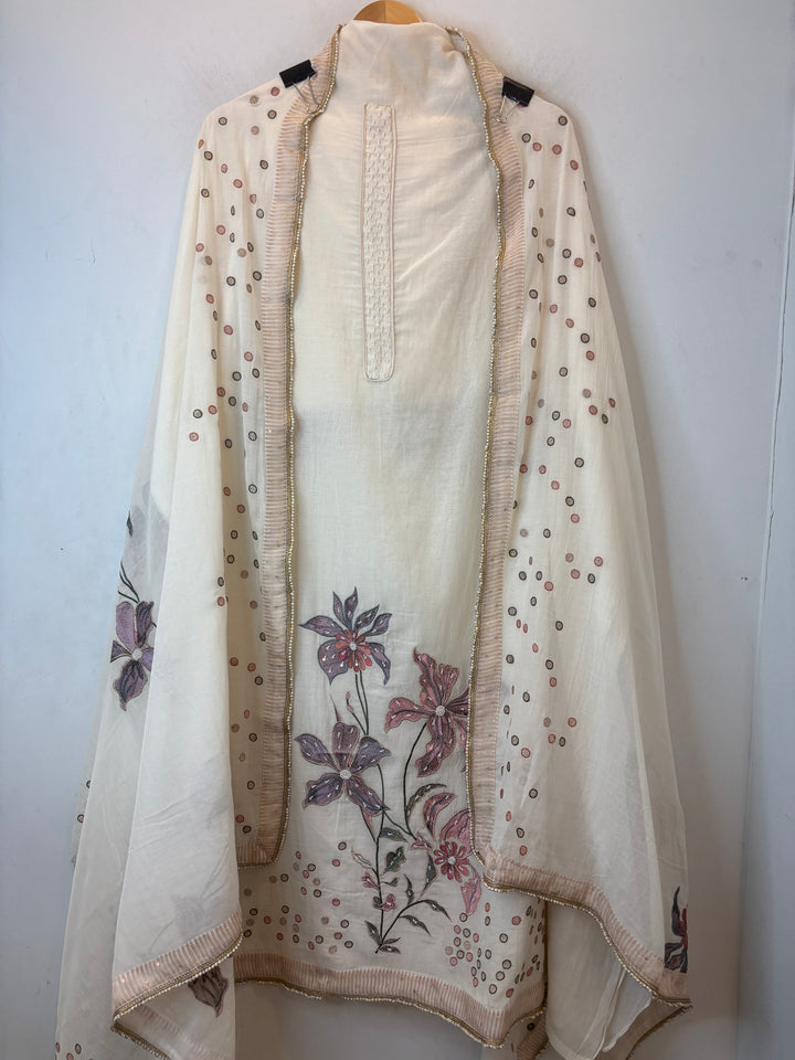 Beige Mul Cotton Unstitched Suit Set with Beads, Zari &amp; Sequin Work