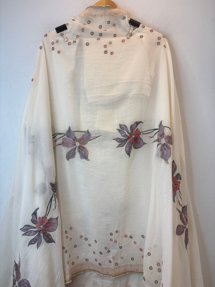 Beige Mul Cotton Unstitched Suit Set with Beads, Zari &amp; Sequin Work