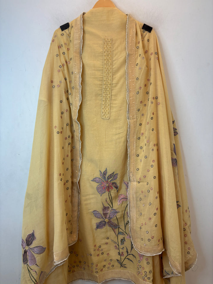 Yellow Mul Cotton Unstitched Suit Set with Beads, Zari &amp; Sequin Work