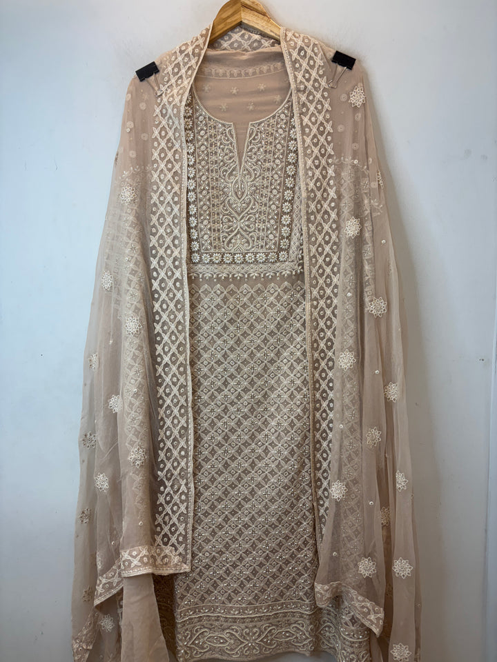 Nude Lucknowi Georgette Unstitched Suit Set with Pearl Work