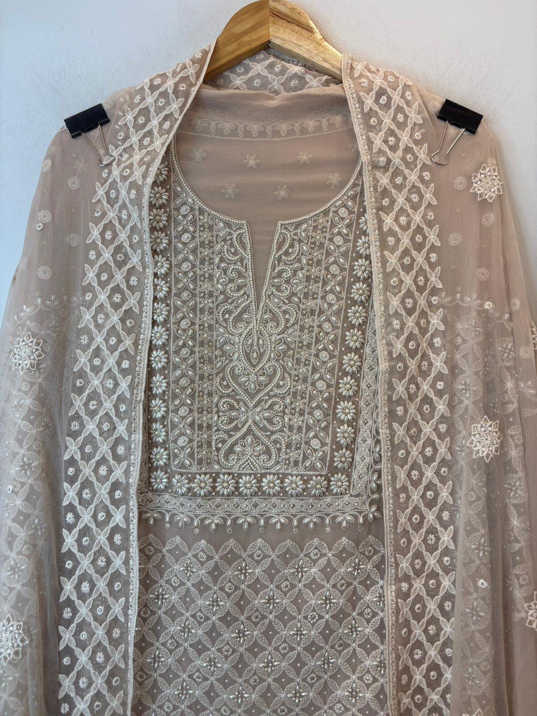 Nude Lucknowi Georgette Unstitched Suit Set with Pearl Work