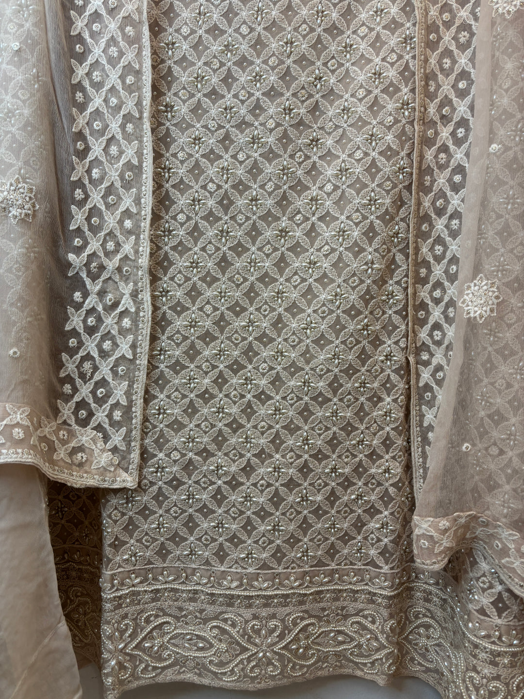 Nude Lucknowi Georgette Unstitched Suit Set with Pearl Work