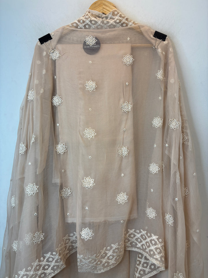 Nude Lucknowi Georgette Unstitched Suit Set with Pearl Work