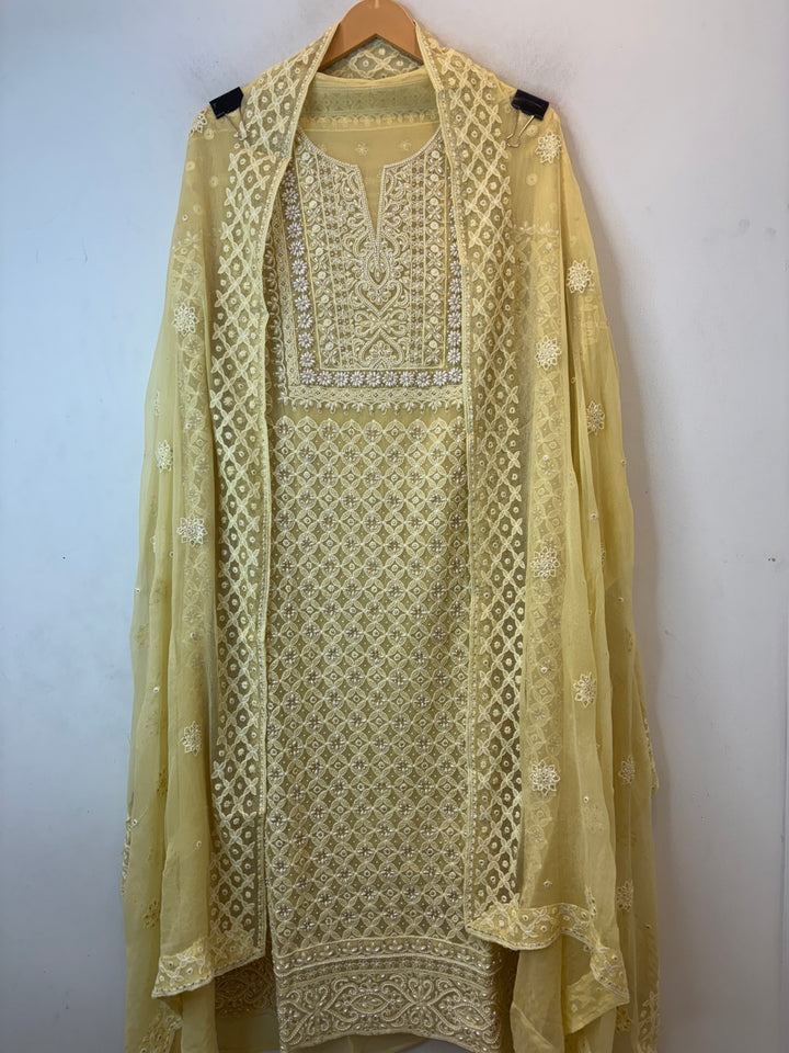 Yellow Lucknowi Georgette Unstitched Suit Set with Pearl Work