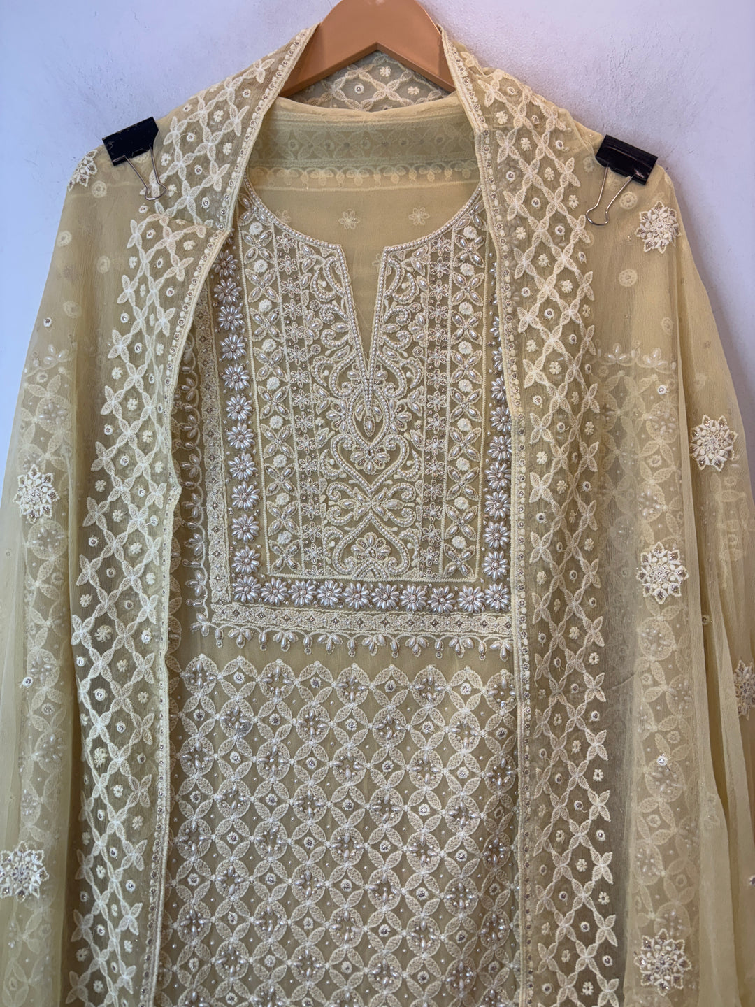 Yellow Lucknowi Georgette Unstitched Suit Set with Pearl Work